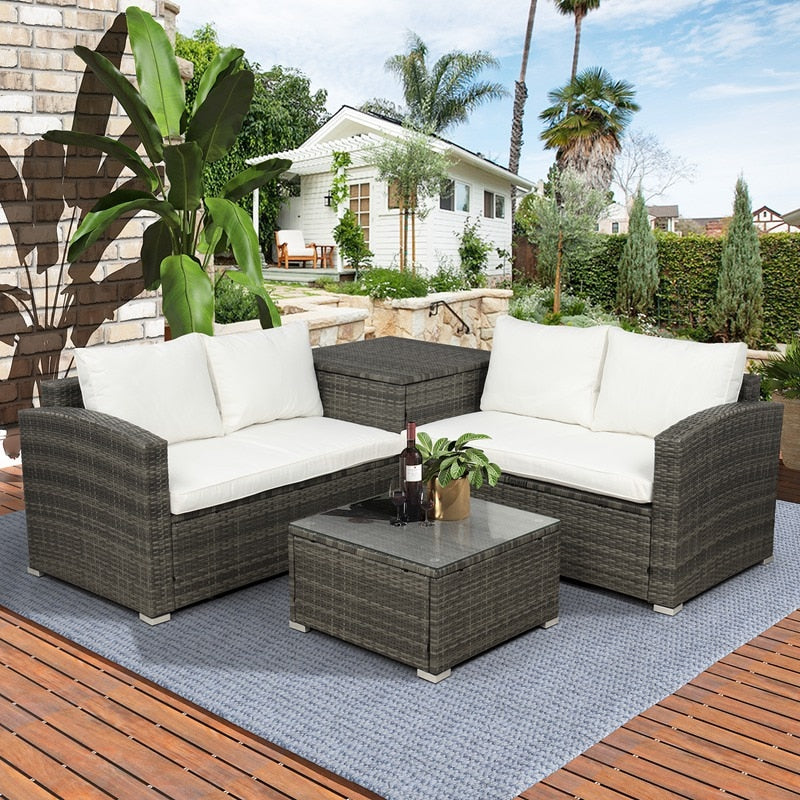 4 PCS Outdoor Cushioned PE Rattan Wicker Sectional Sofa Set Garden Patio Furniture Set With Storage Space