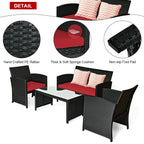 4PCS Patio Rattan Furniture Conversation Set Cushion Sofa Table Garden Red  HW63239RE