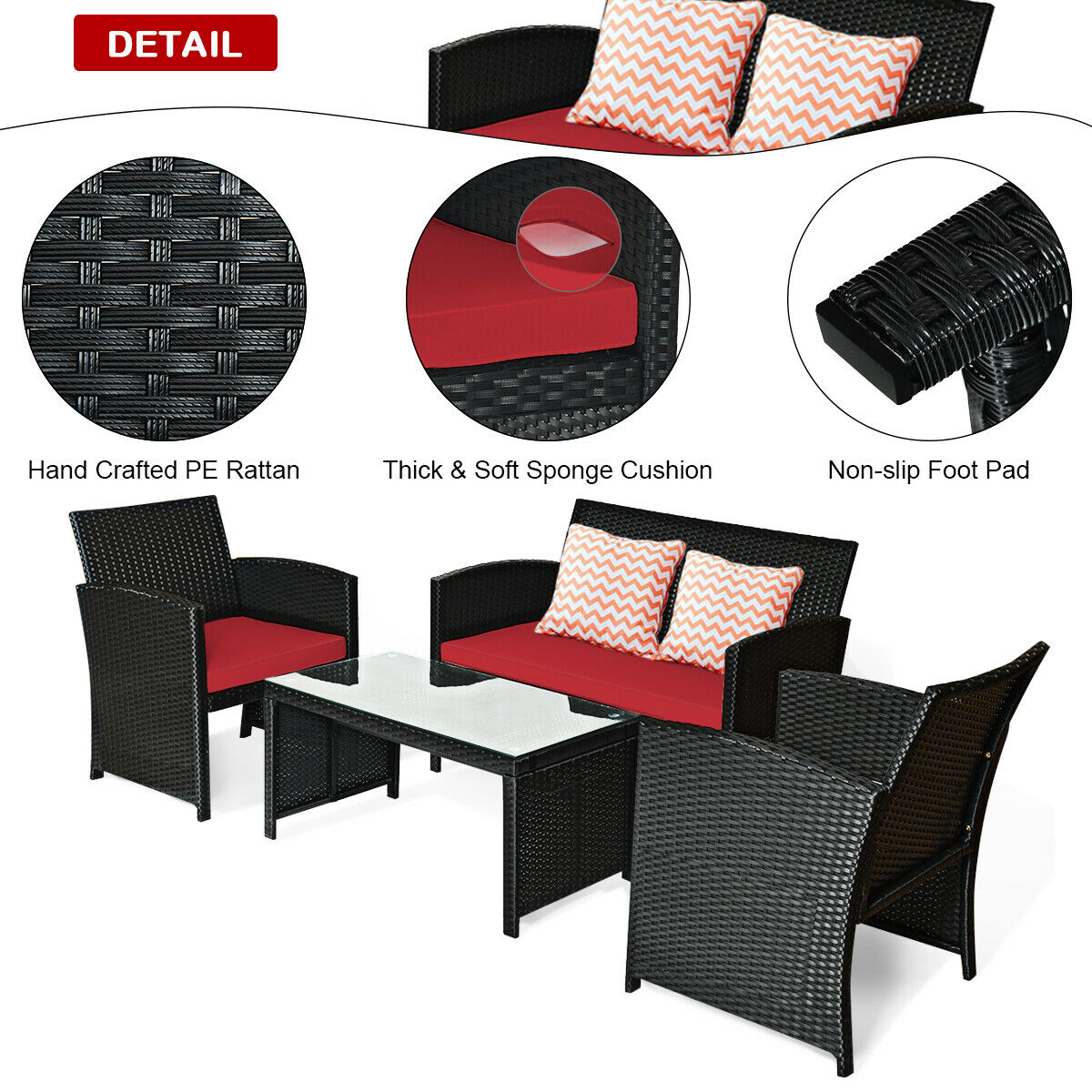 4PCS Patio Rattan Furniture Conversation Set Cushion Sofa Table Garden Red  HW63239RE