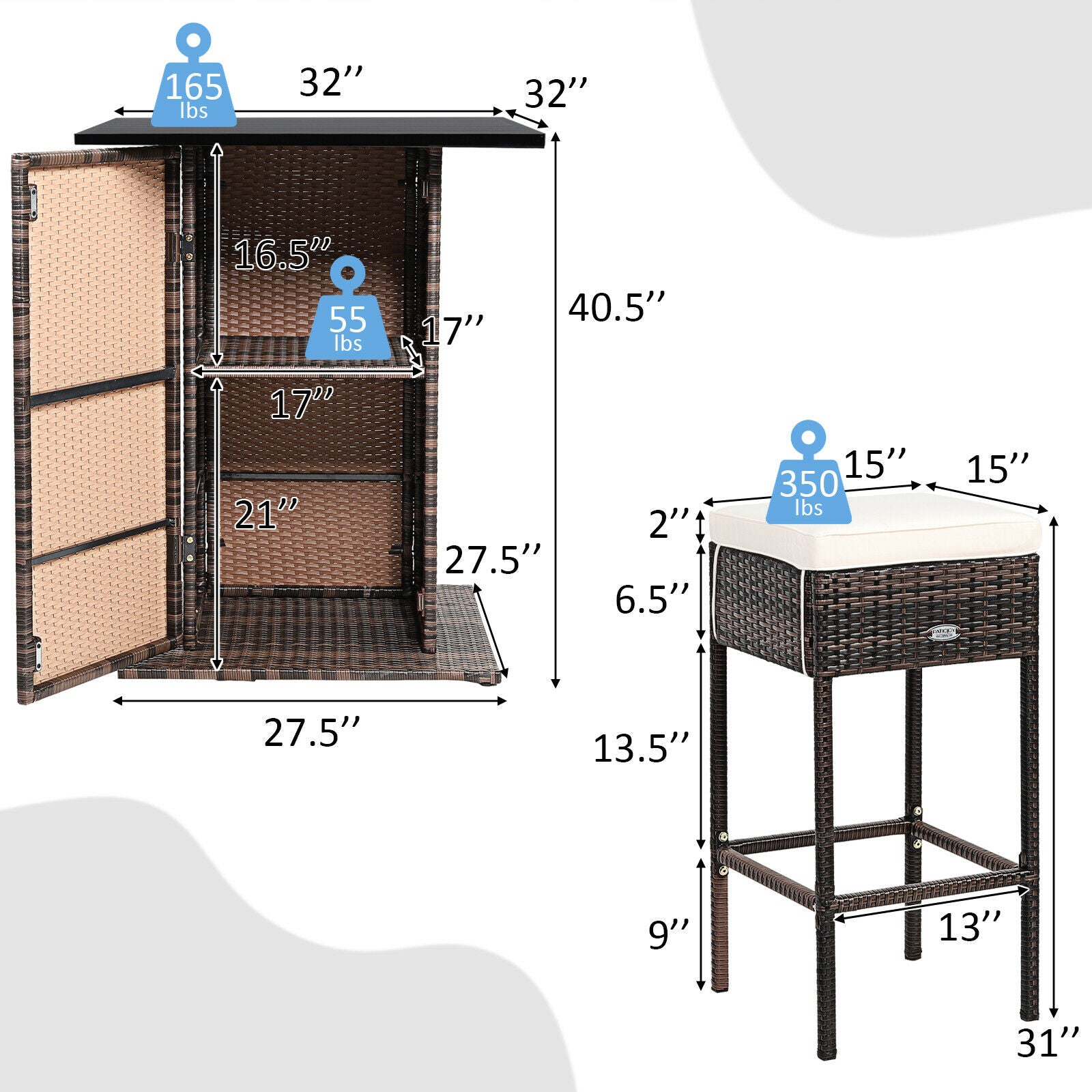 5PCS Patio Rattan Bar Table Stool Set Hidden Storage Shelf Cushioned  HW68244+