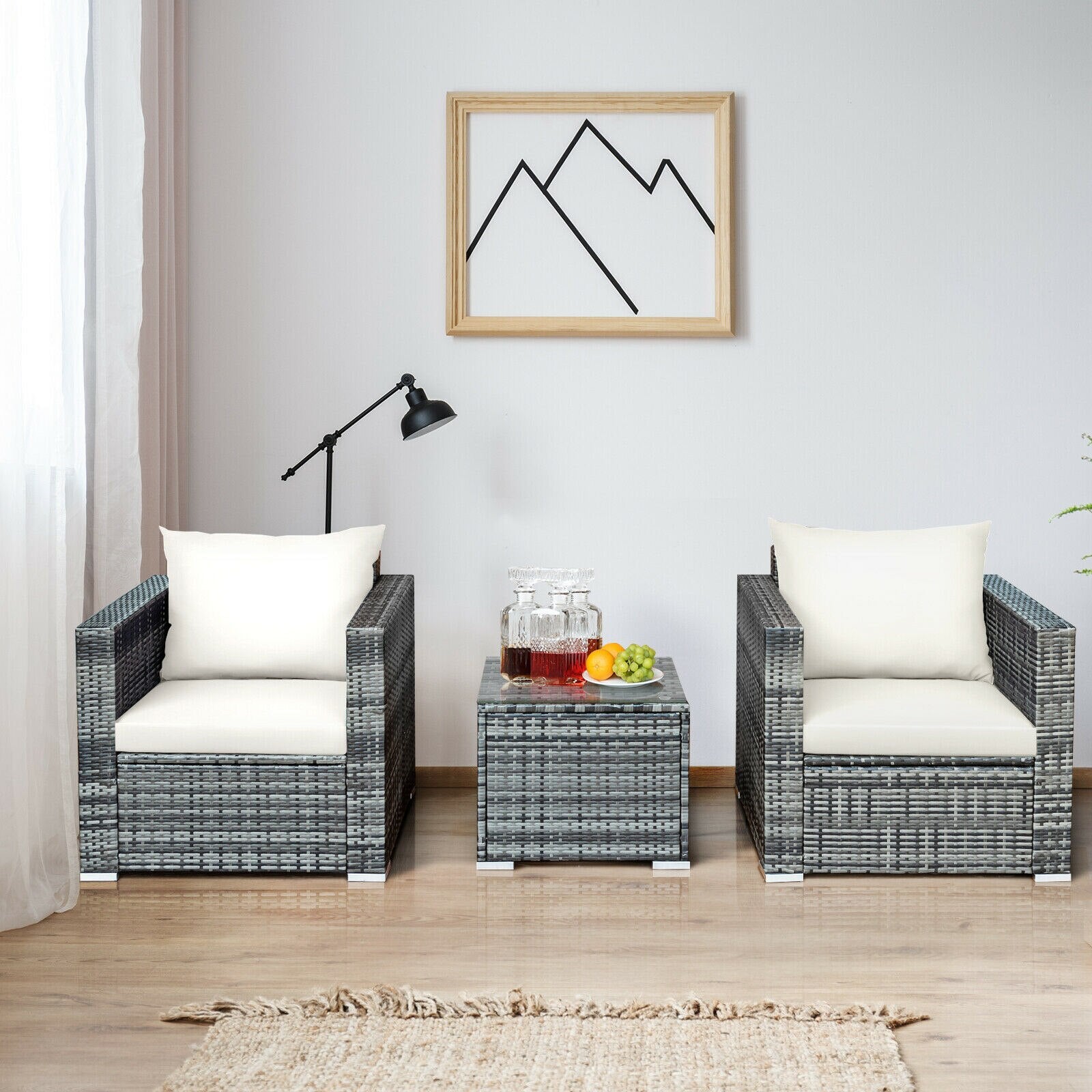 3 PC Patio Rattan Furniture Bistro Set Cushioned Sofa Chair Table White HW66530WH