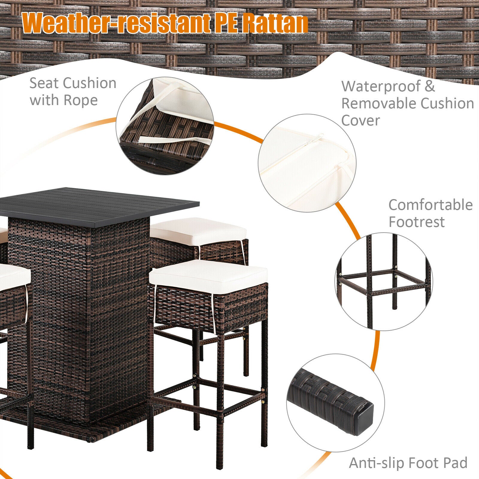 5PCS Patio Rattan Bar Table Stool Set Hidden Storage Shelf Cushioned  HW68244+