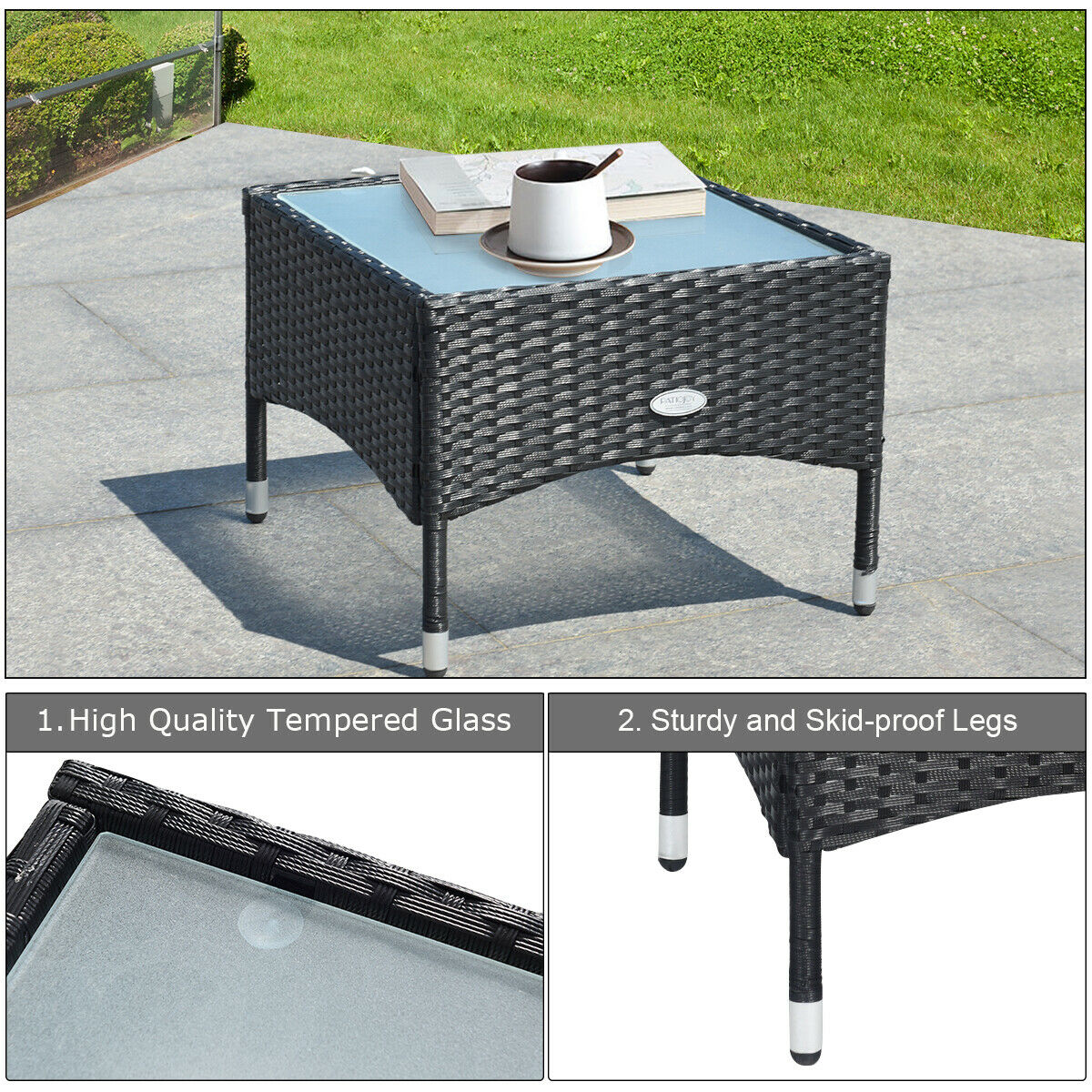 3 PCS Patio Wicker Rattan Furniture Set Coffee Table & 2 Rattan Chair W/Cushion