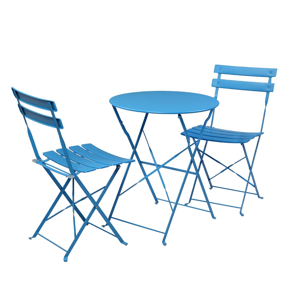 Iron Folding Three-Piece Set 2 Chairs 1 Table Blue[US-W]