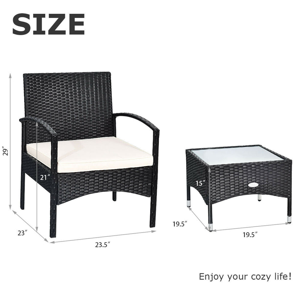 3 PCS Patio Wicker Rattan Furniture Set Coffee Table & 2 Rattan Chair W/Cushion