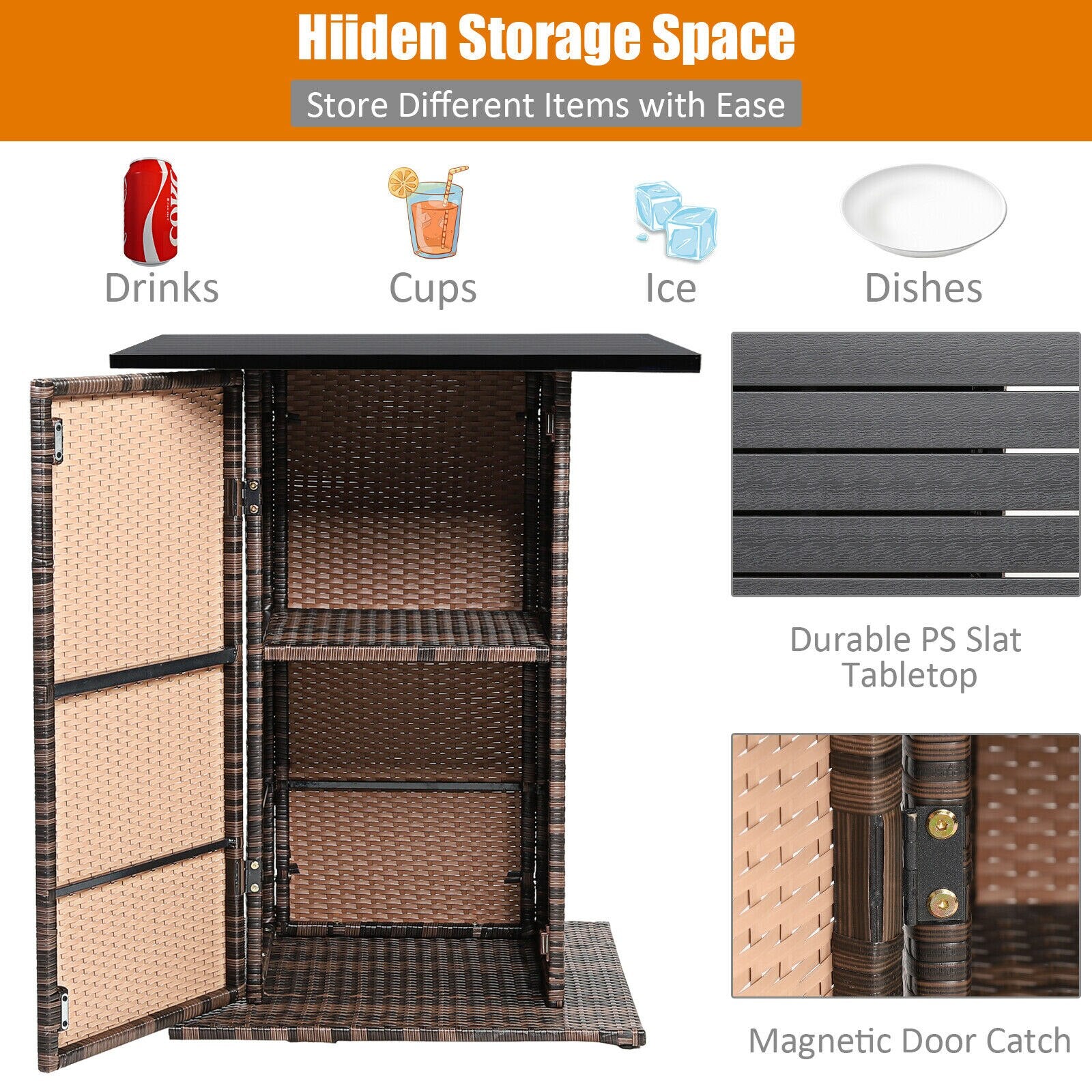 5PCS Patio Rattan Bar Table Stool Set Hidden Storage Shelf Cushioned  HW68244+