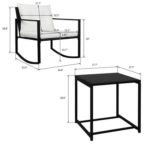 Three-piece rattan set, 2pcs single rocking chair and 1pc coffee table, iron frame, black outdoor garden furniture