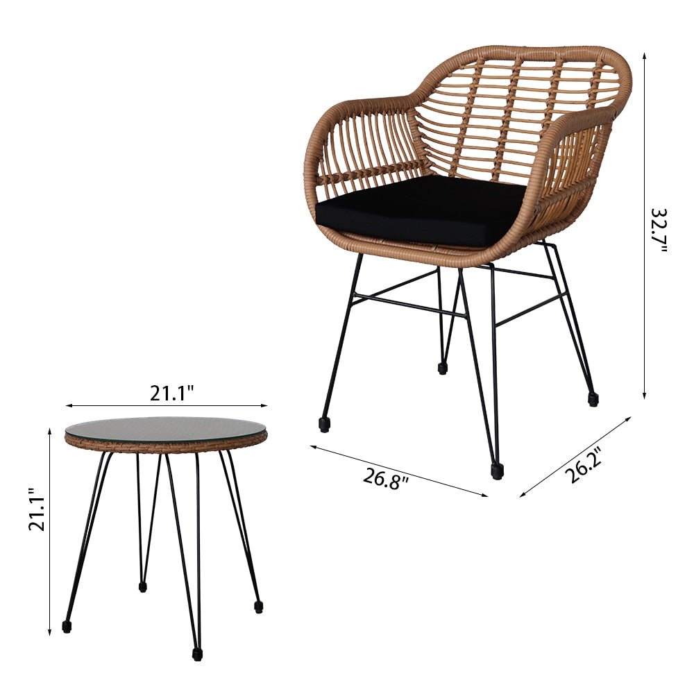 3 Pcs Outdoor Patio Furniture Set Wicker Rattan Conversation with Tempered Glass Table Flaxen Yellow for Porch Poolside Yard