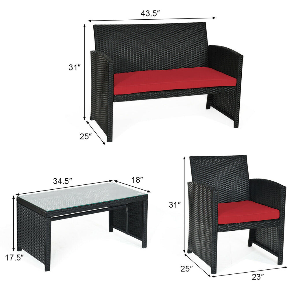 4PCS Patio Rattan Furniture Conversation Set Cushion Sofa Table Garden Red  HW63239RE