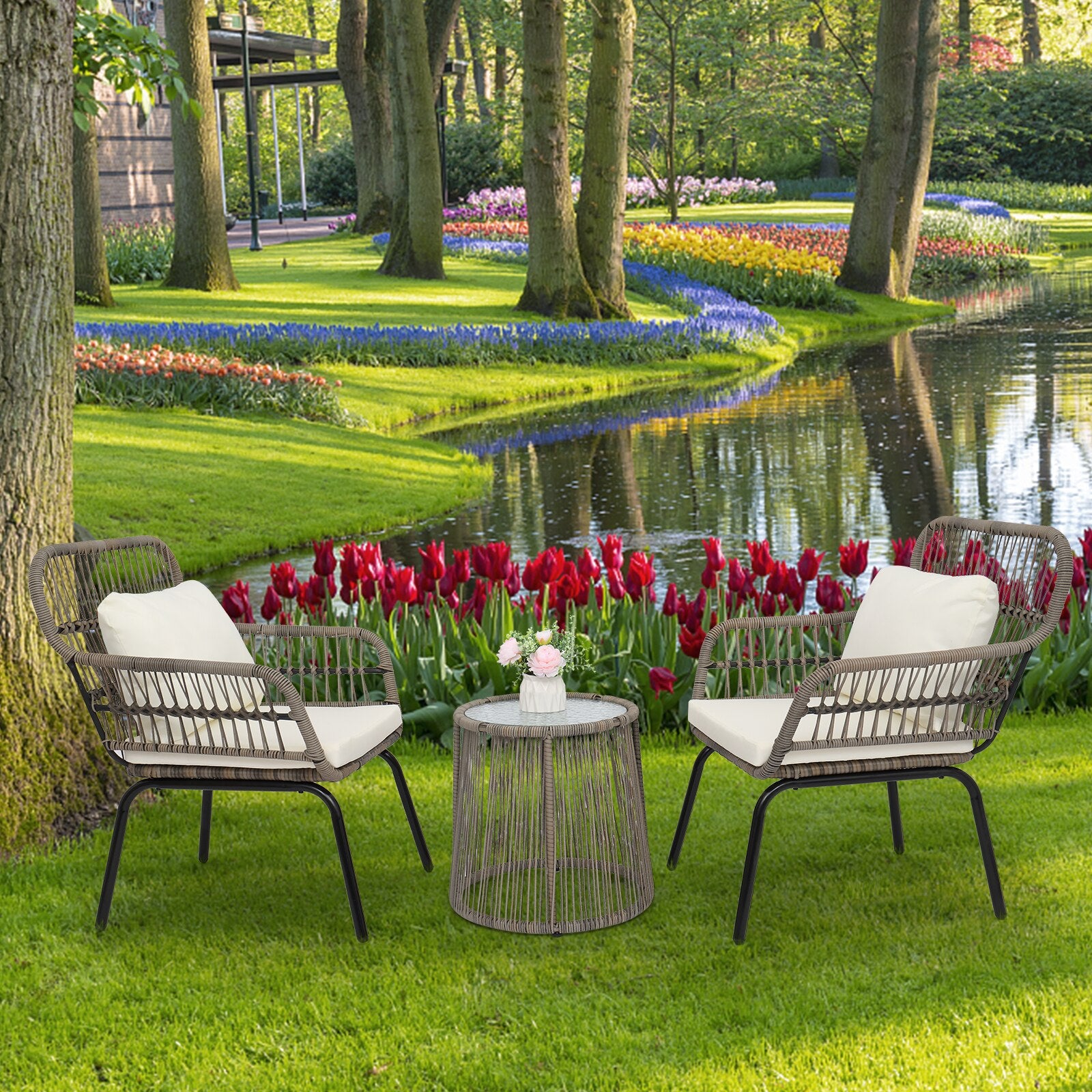 3-Piece Patio Wicker Conversation Bistro Set, Outdoor All-Weather Wicker Furniture