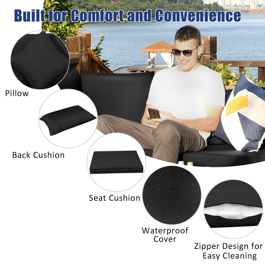 7PCS Patio Rattan Furniture Set Sectional Sofa Garden Black Cushion  HW68058BK+