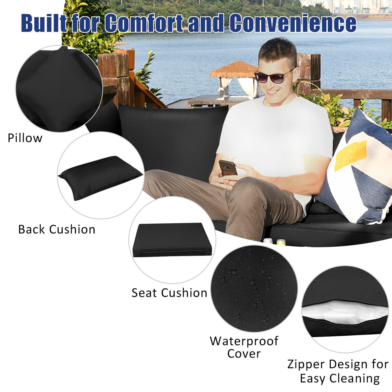 7PCS Patio Rattan Furniture Set Sectional Sofa Garden Black Cushion  HW68058BK+
