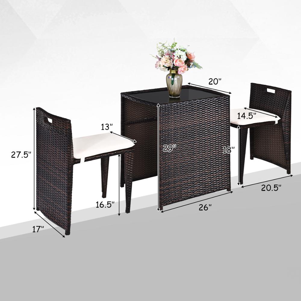 3PCS Outdoor Patio Rattan Furniture Set Space Saving Garden Deck W/Cushion HW64307