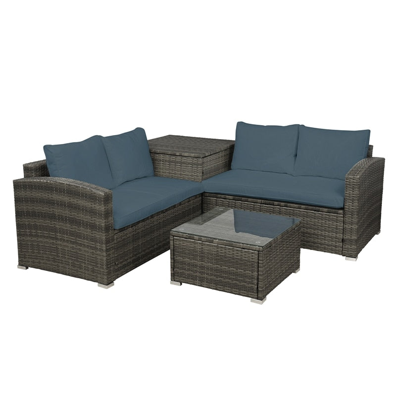 4 PCS Outdoor Cushioned PE Rattan Wicker Sectional Sofa Set Garden Patio Furniture Set With Storage Space