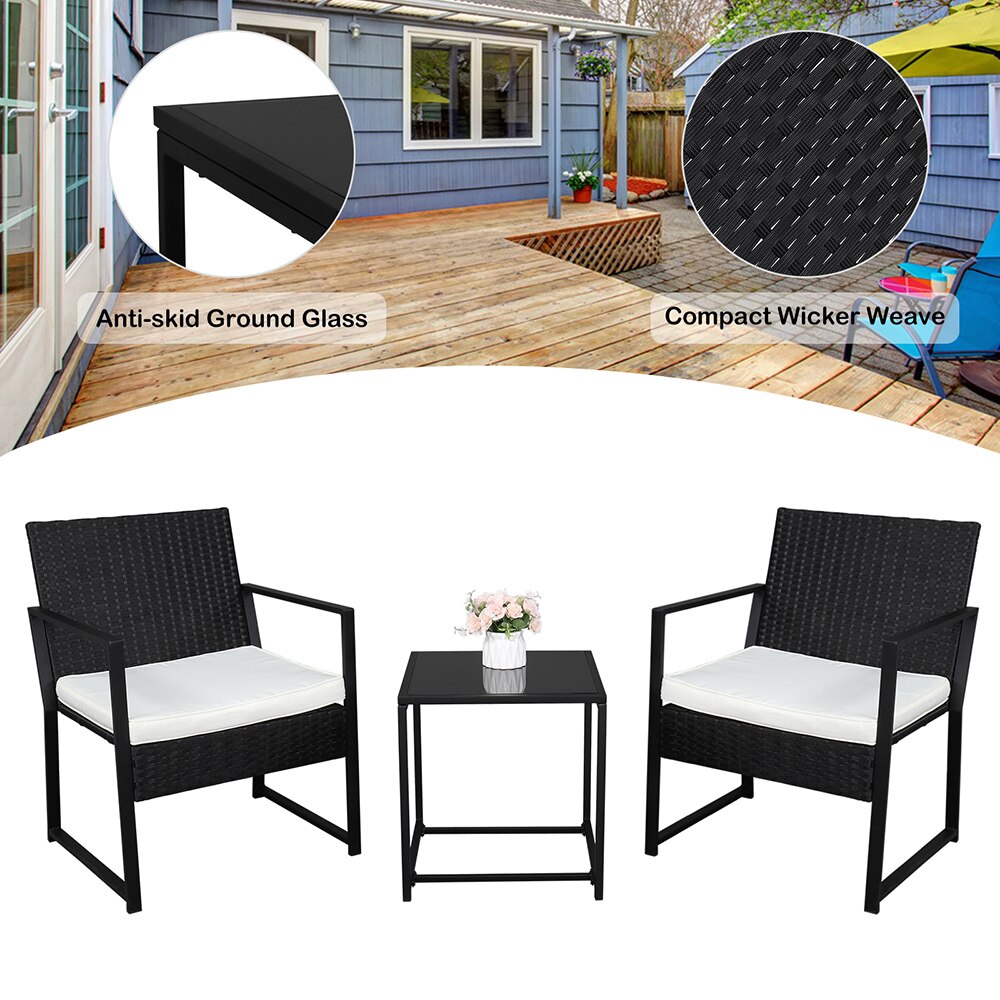 3 Piece Patio Furniture Set Wicker Rattan Outdoor Patio Conversation Set 2 Cushioned Chairs & End Table