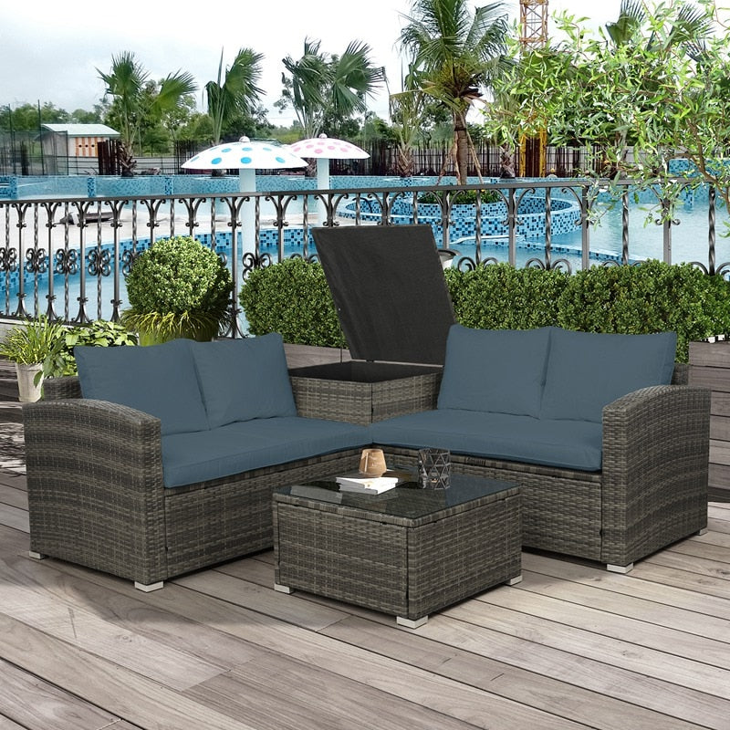 4 PCS Outdoor Cushioned PE Rattan Wicker Sectional Sofa Set Garden Patio Furniture Set With Storage Space