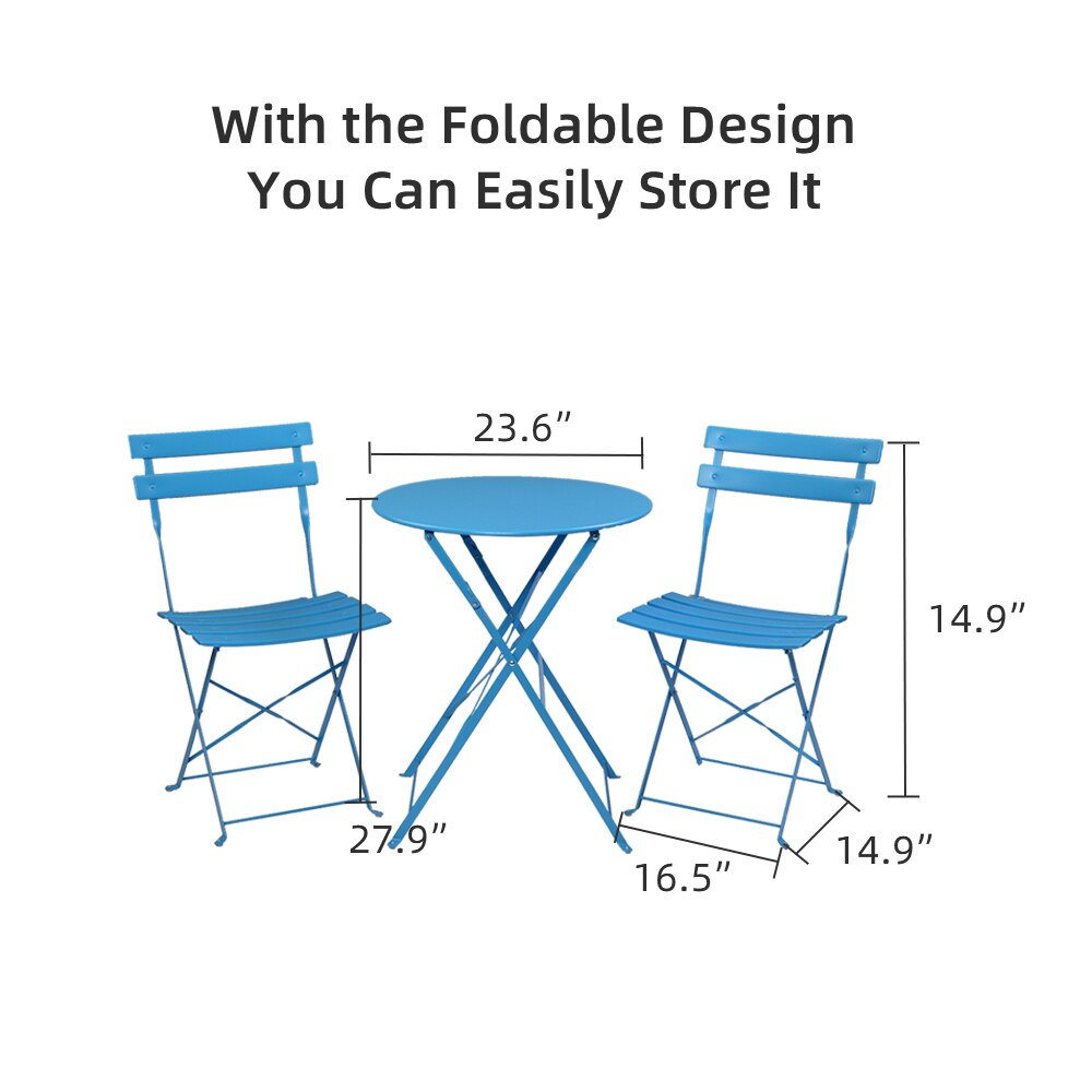 Iron Folding Three-Piece Set 2 Chairs 1 Table Blue[US-W]
