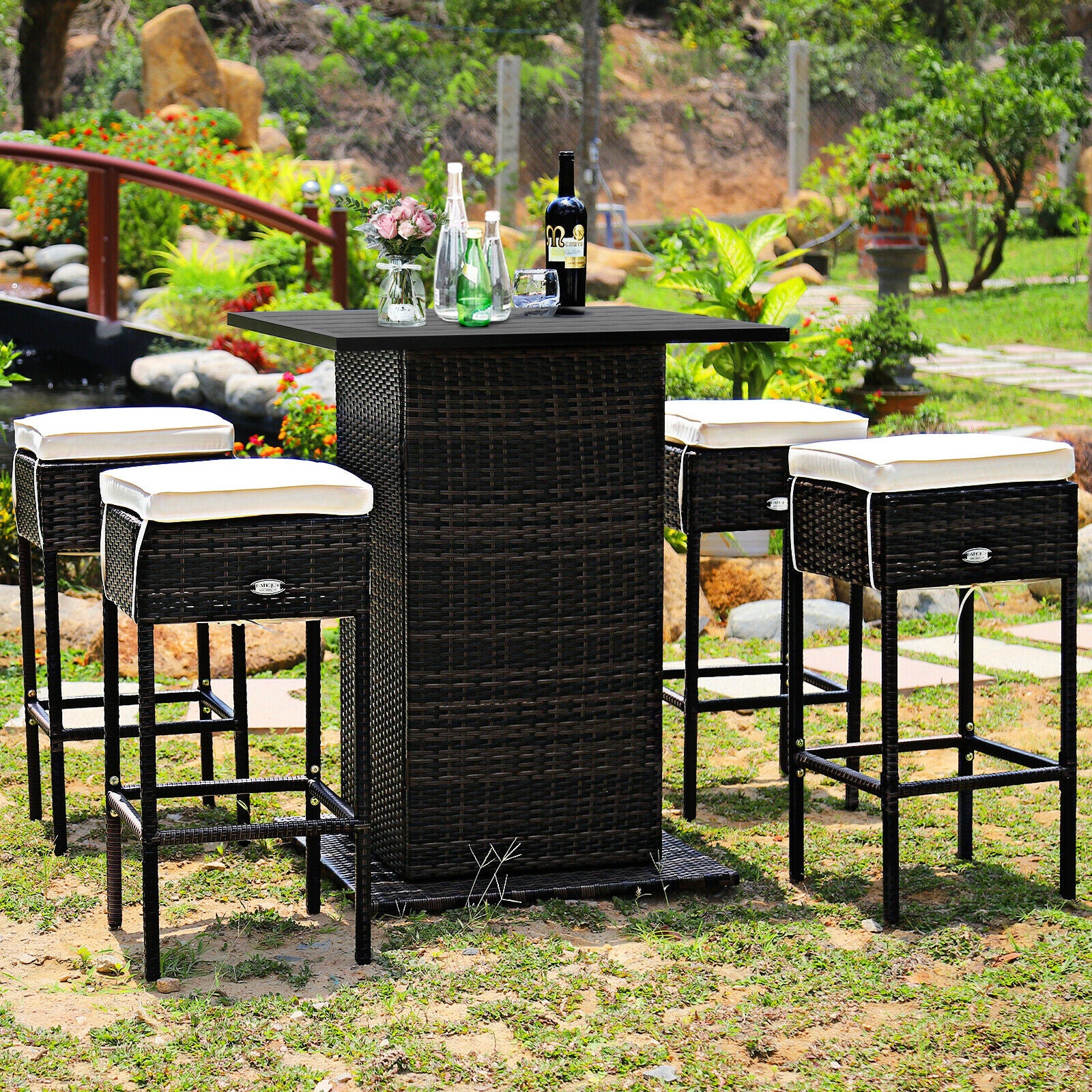 5PCS Patio Rattan Bar Table Stool Set Hidden Storage Shelf Cushioned  HW68244+