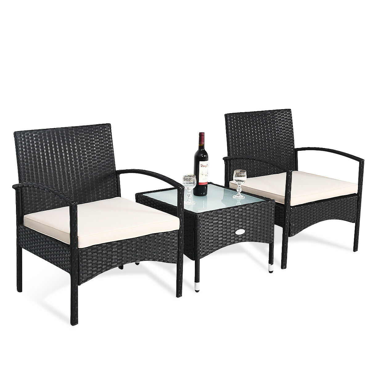3 PCS Patio Wicker Rattan Furniture Set Coffee Table & 2 Rattan Chair W/Cushion