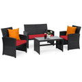 4PCS Patio Rattan Furniture Conversation Set Cushion Sofa Table Garden Red  HW63239RE