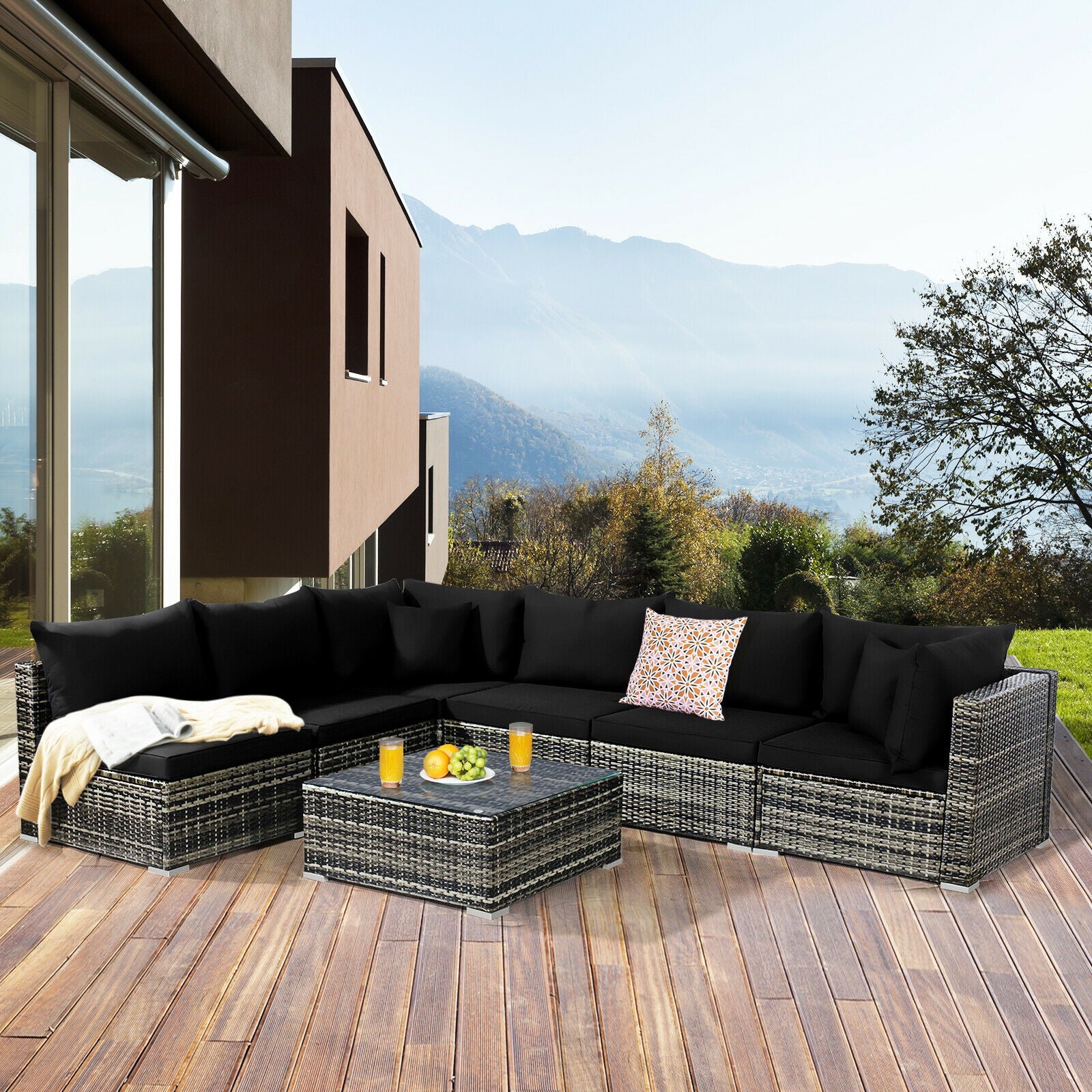 7PCS Patio Rattan Furniture Set Sectional Sofa Garden Black Cushion  HW68058BK+