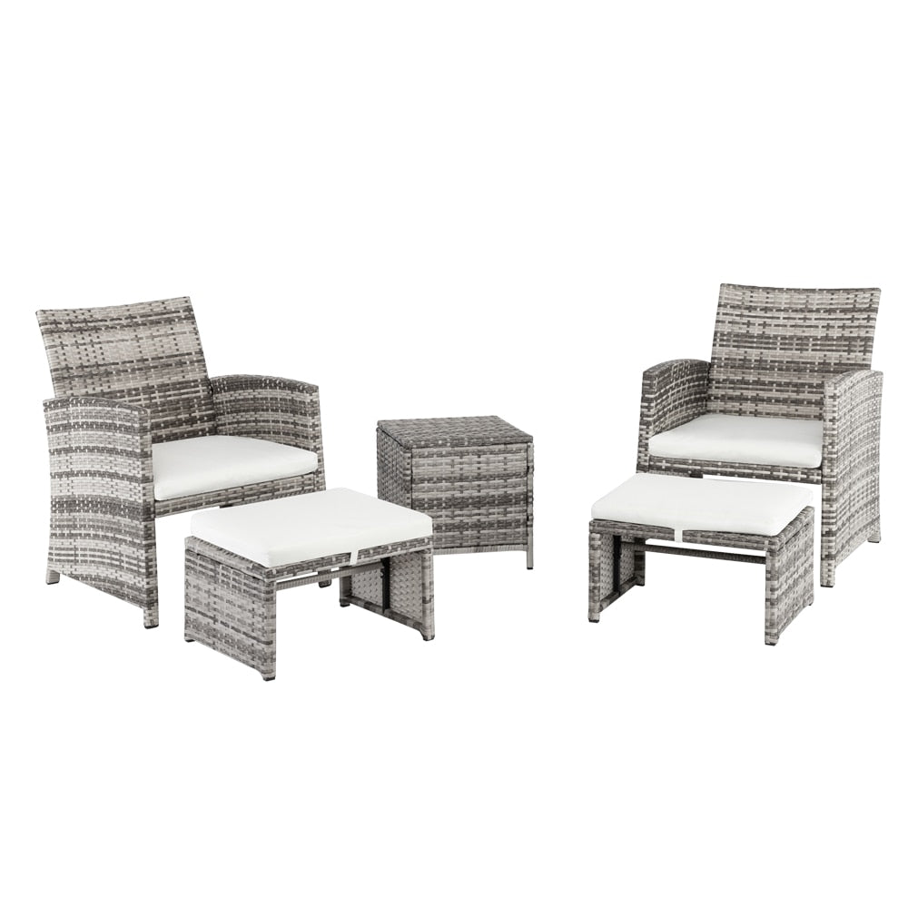 5Pcs Patio Furniture Set Include 2 Chairs 2 Footstools 1 Coffee Table High Quality PE Rattan&Iron Frame Gray Gradient[US-Stock]