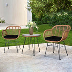 3 Pcs Outdoor Patio Furniture Set Wicker Rattan Conversation with Tempered Glass Table Flaxen Yellow for Porch Poolside Yard