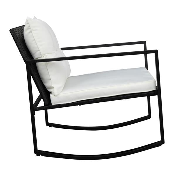 Three-piece rattan set, 2pcs single rocking chair and 1pc coffee table, iron frame, black outdoor garden furniture