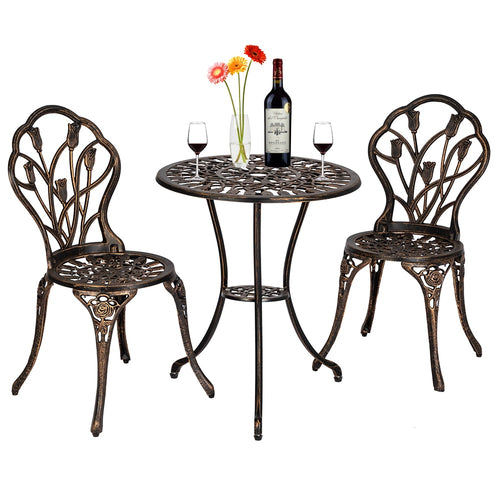 3-Piece Outdoor Rust-Resistant Cast Aluminum Patio Bistro Set w/Tulip Design, Antique Finish - Copper