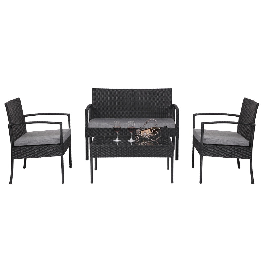 Outdoor Sofa Set Oshion 4 PCS Outdoor Patio Rattan Wicker Furniture Set with Table Sofa Cushioned Black