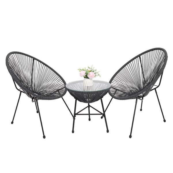 3 Piece Outdoor Patio Furniture Set, Acapulco Chair Set with Glass Top Coffee Table, All Weather PE Rattan Bistro Set for Garden