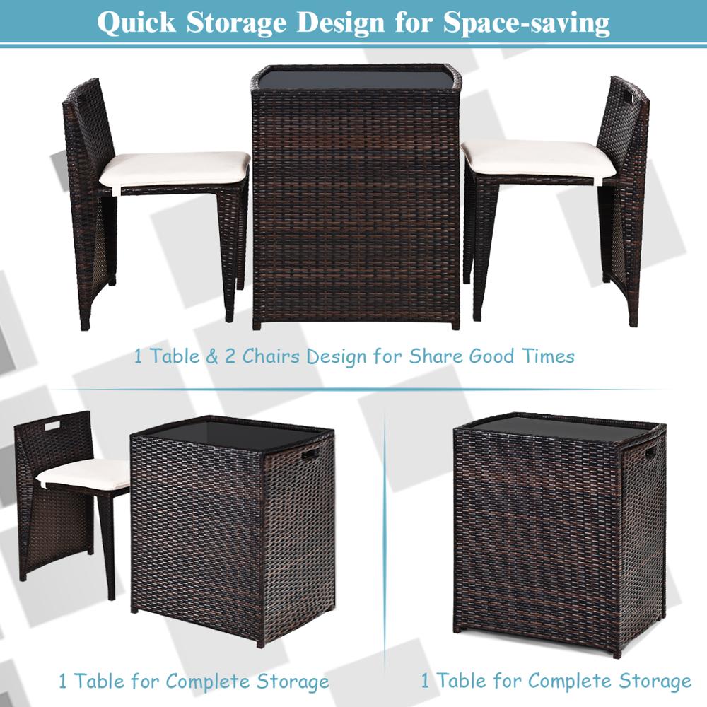 3PCS Outdoor Patio Rattan Furniture Set Space Saving Garden Deck W/Cushion HW64307