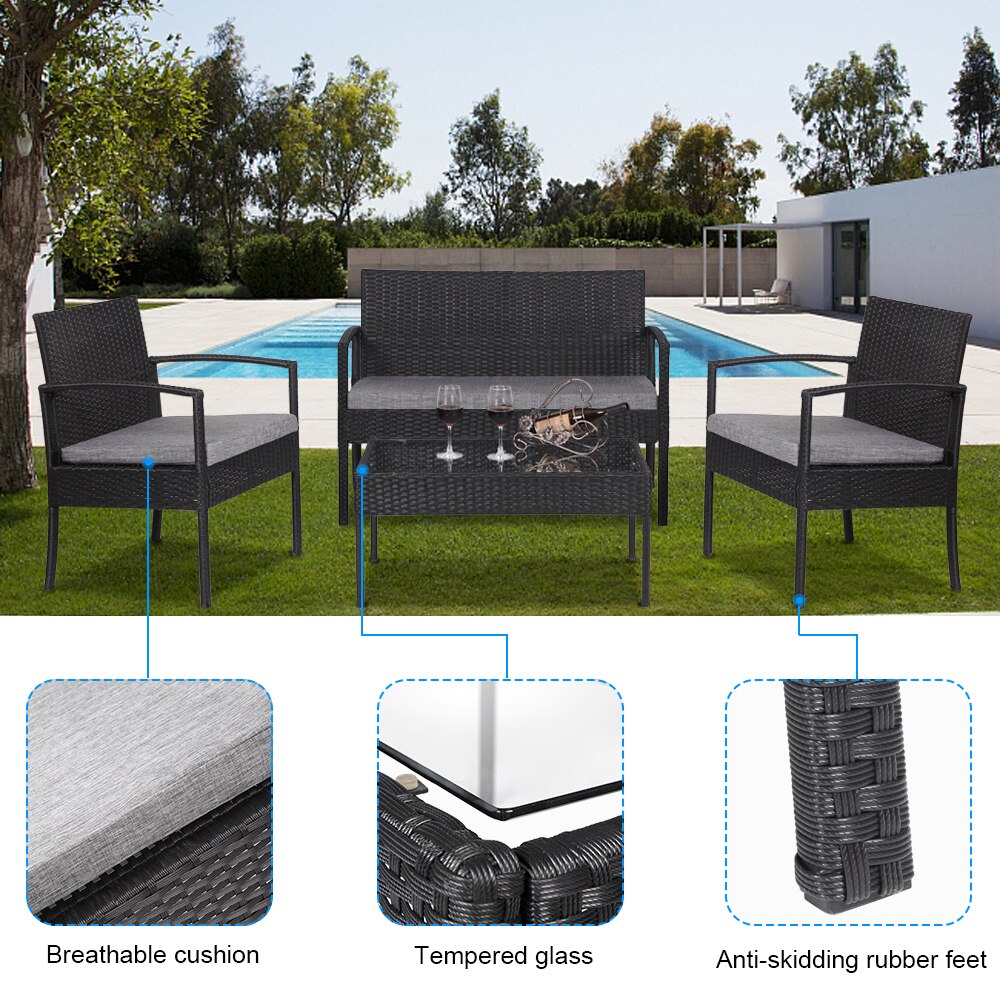 4 Pieces Outdoor Patio Furniture Sets Rattan Chair Wicker Set, Outdoor Indoor Use Backyard Porch Garden Poolside Balcony Furnitu