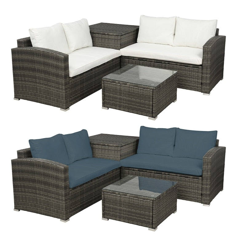 4 PCS Outdoor Cushioned PE Rattan Wicker Sectional Sofa Set Garden Patio Furniture Set With Storage Space
