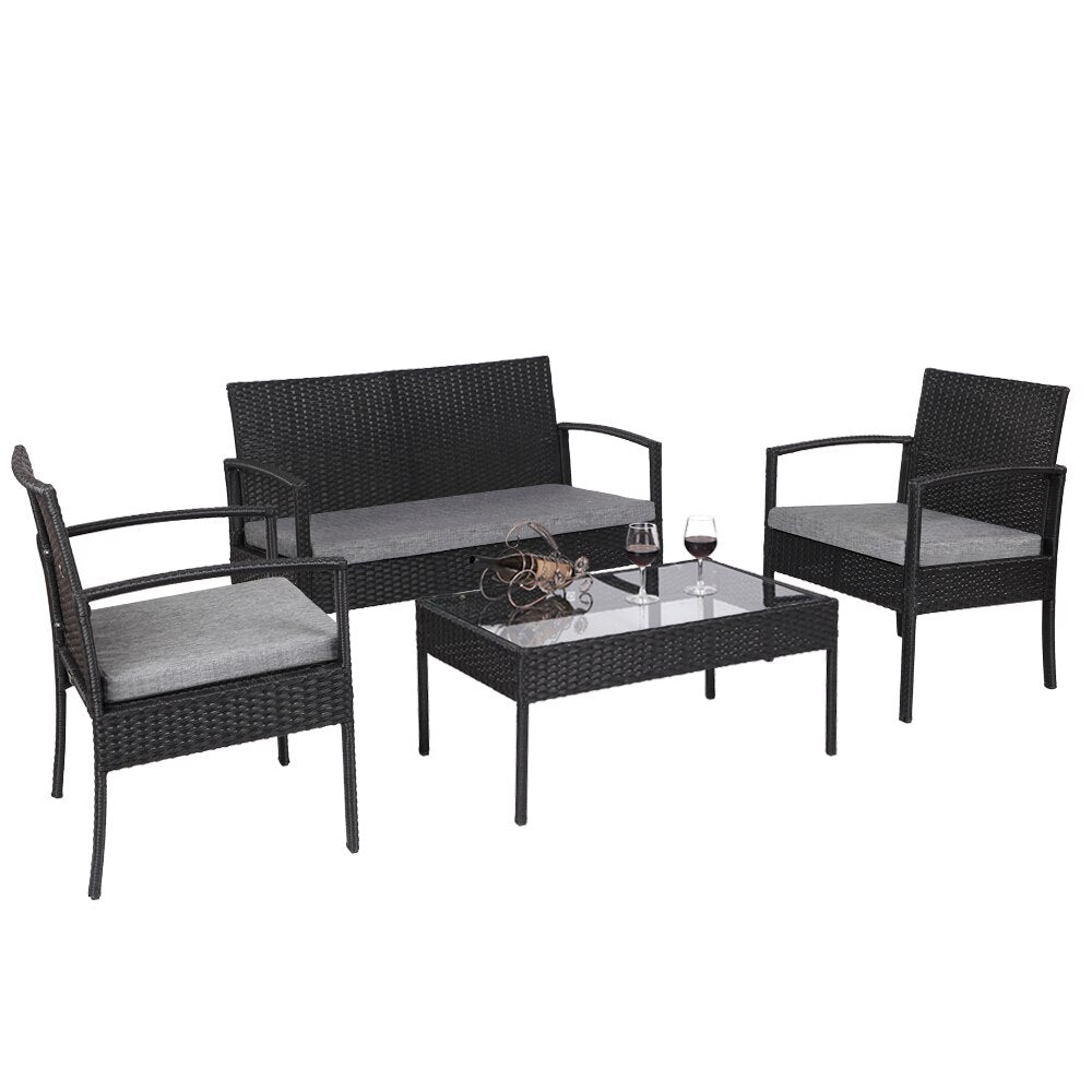 Outdoor Sofa Set Oshion 4 PCS Outdoor Patio Rattan Wicker Furniture Set with Table Sofa Cushioned Black