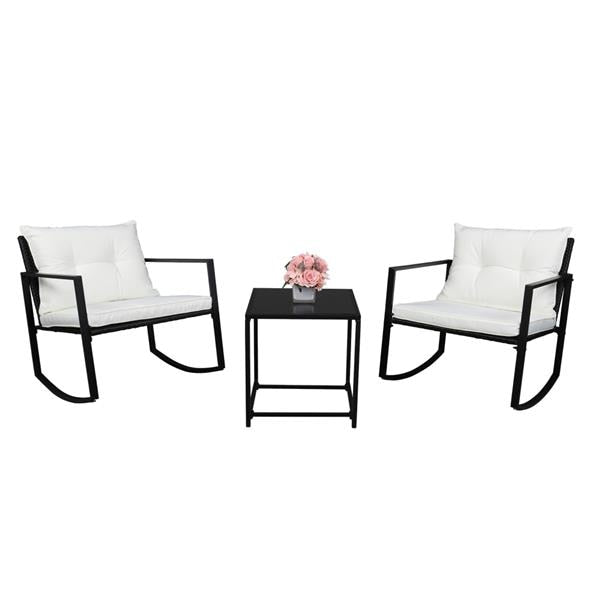 Three-piece rattan set, 2pcs single rocking chair and 1pc coffee table, iron frame, black outdoor garden furniture