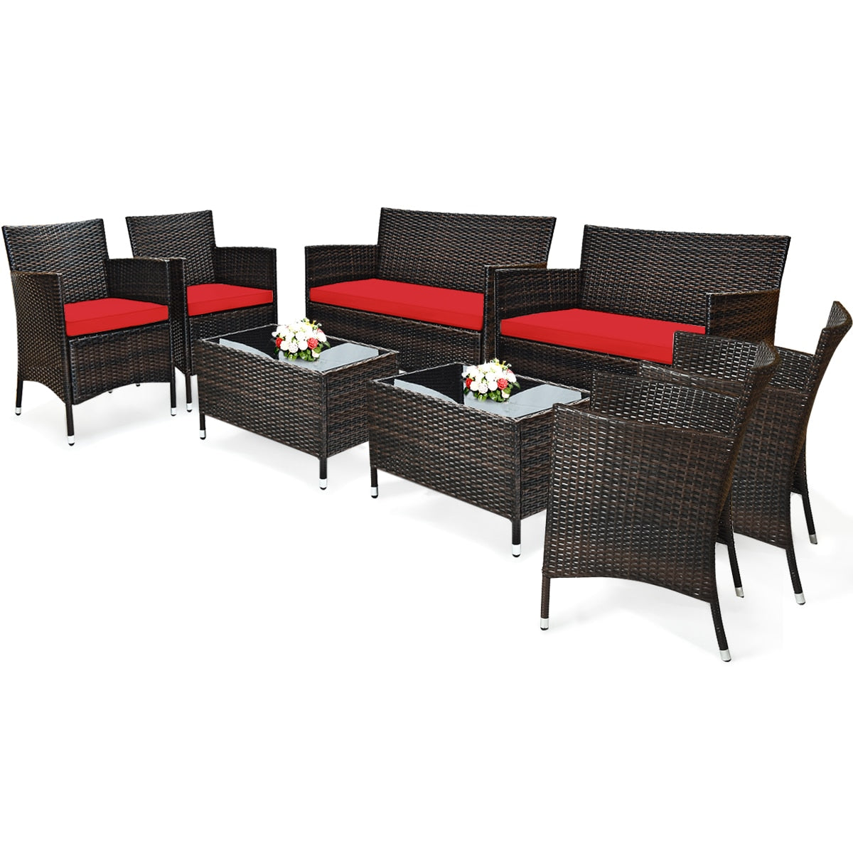 8PCS Rattan Patio Furniture Set Cushioned Sofa Chair Coffee Table Garden