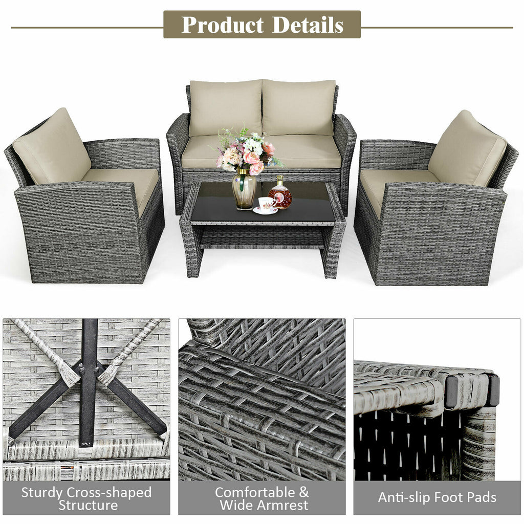 4PCS Patio Rattan Furniture Set Sofa Table Storage Shelf Khaki Cushion  HW67841ABN