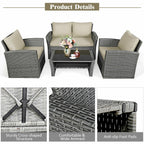 4PCS Patio Rattan Furniture Set Sofa Table Storage Shelf Khaki Cushion  HW67841ABN