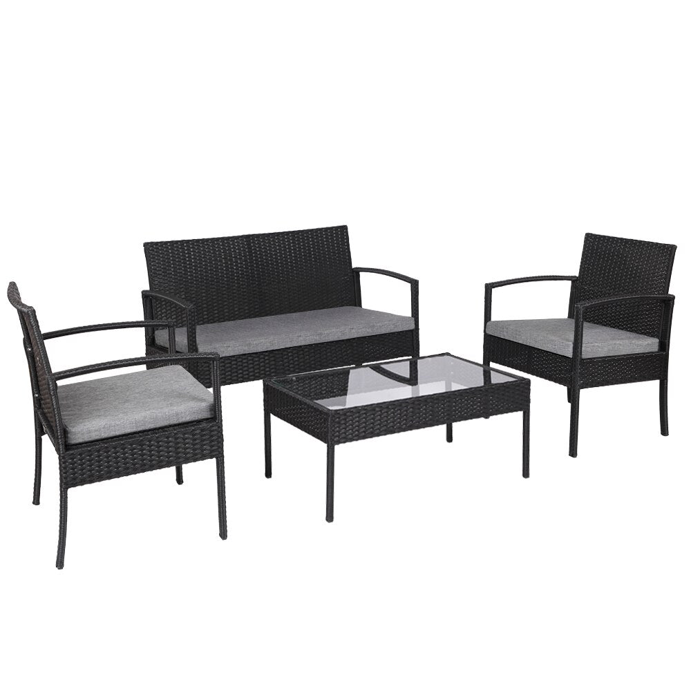 Outdoor Sofa Set Oshion 4 PCS Outdoor Patio Rattan Wicker Furniture Set with Table Sofa Cushioned Black