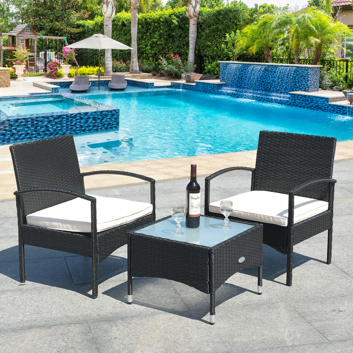 3 PCS Patio Wicker Rattan Furniture Set Coffee Table & 2 Rattan Chair W/Cushion  HW68962