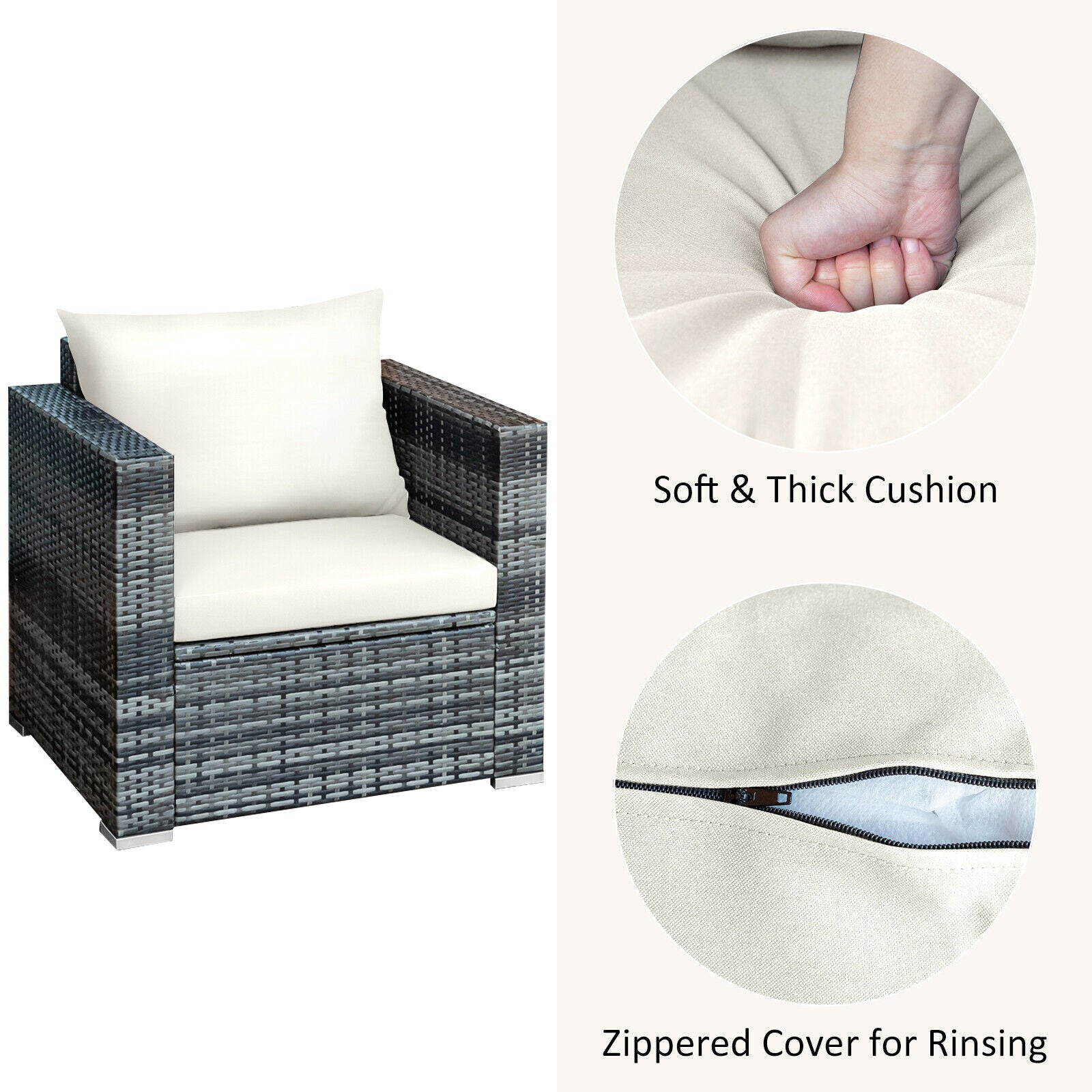 3 PC Patio Rattan Furniture Bistro Set Cushioned Sofa Chair Table White HW66530WH