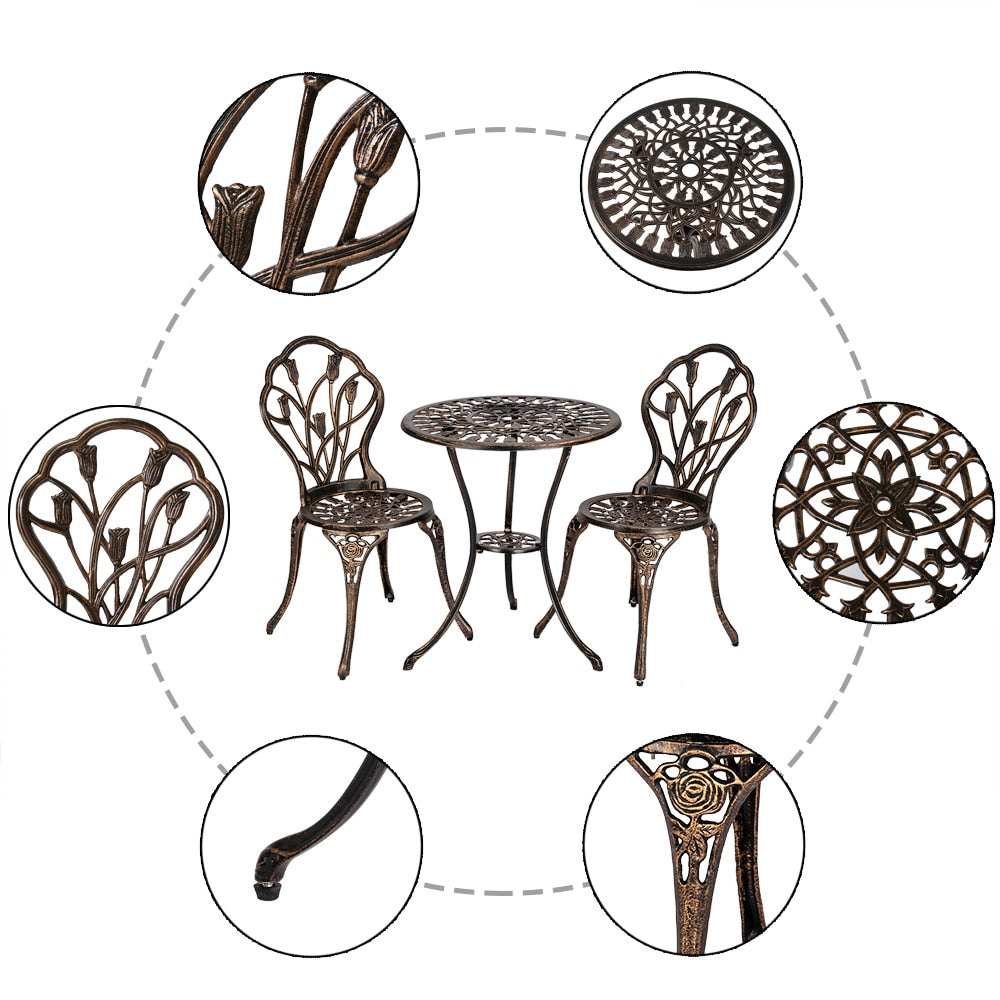 3-Piece Outdoor Rust-Resistant Cast Aluminum Patio Bistro Set w/Tulip Design, Antique Finish - Copper