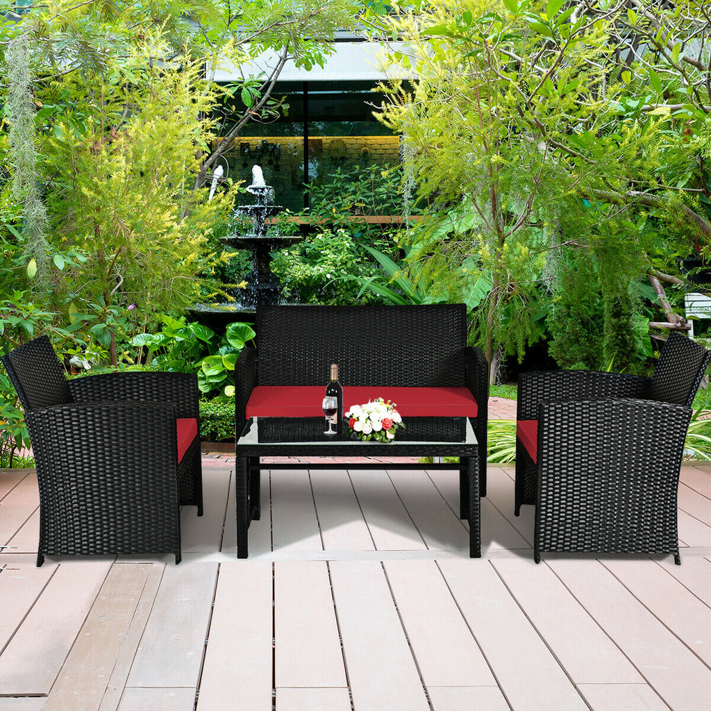 4PCS Patio Rattan Furniture Conversation Set Cushion Sofa Table Garden Red  HW63239RE