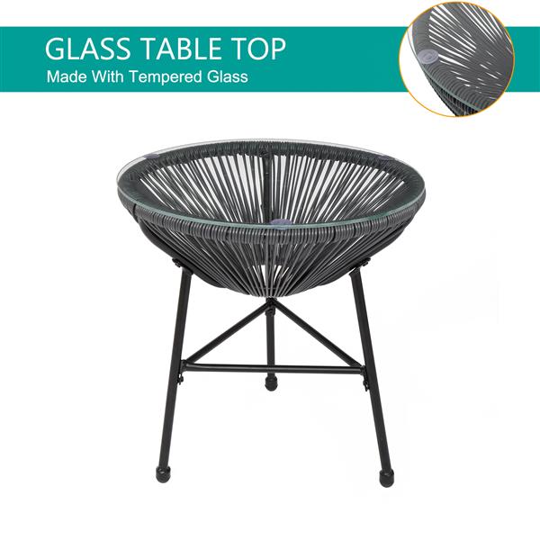 3 Piece Outdoor Patio Furniture Set, Acapulco Chair Set with Glass Top Coffee Table, All Weather PE Rattan Bistro Set for Garden