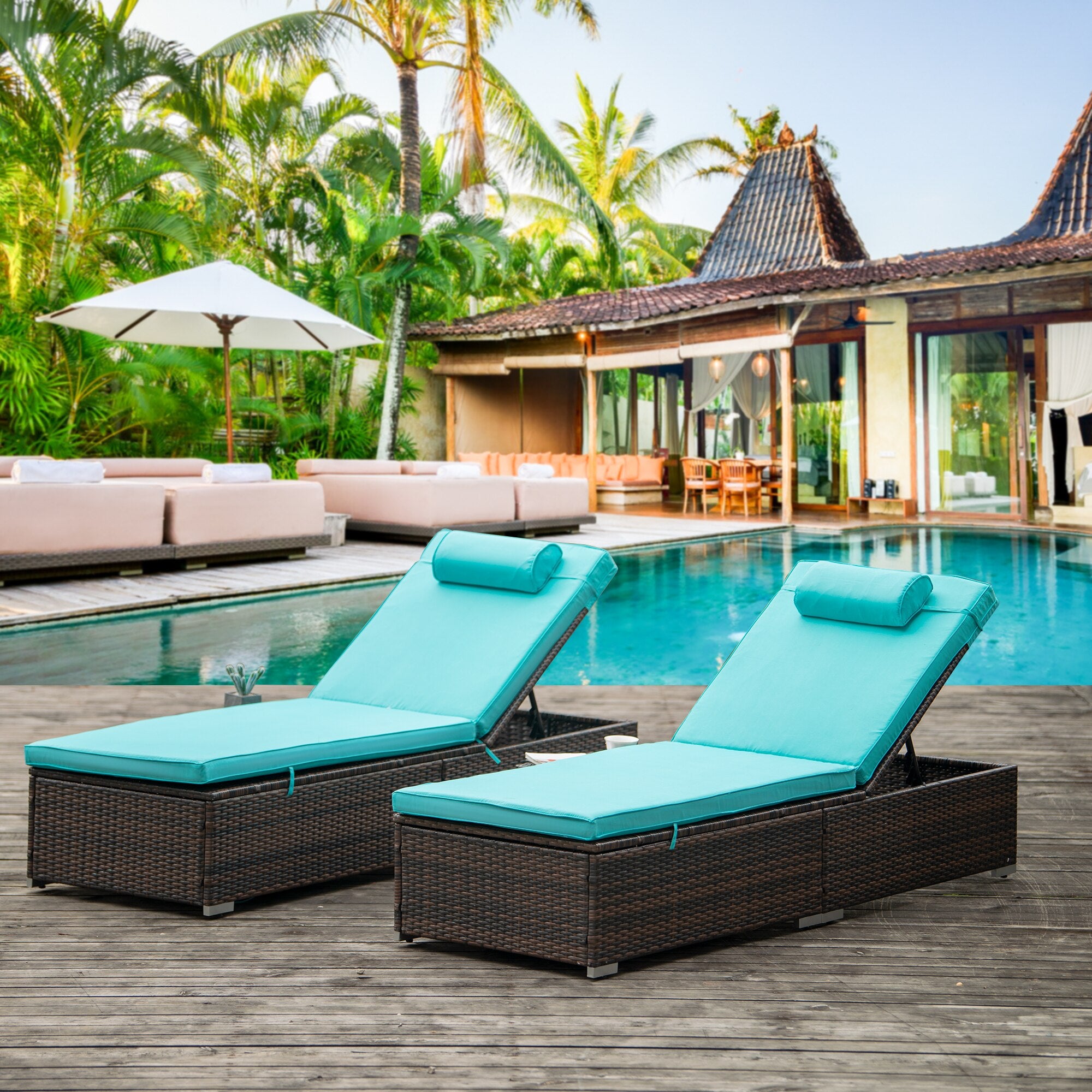 2Pcs Outdoor Patio Chaise Lounge Set, Beach Pool Adjustable Backrest Recliners