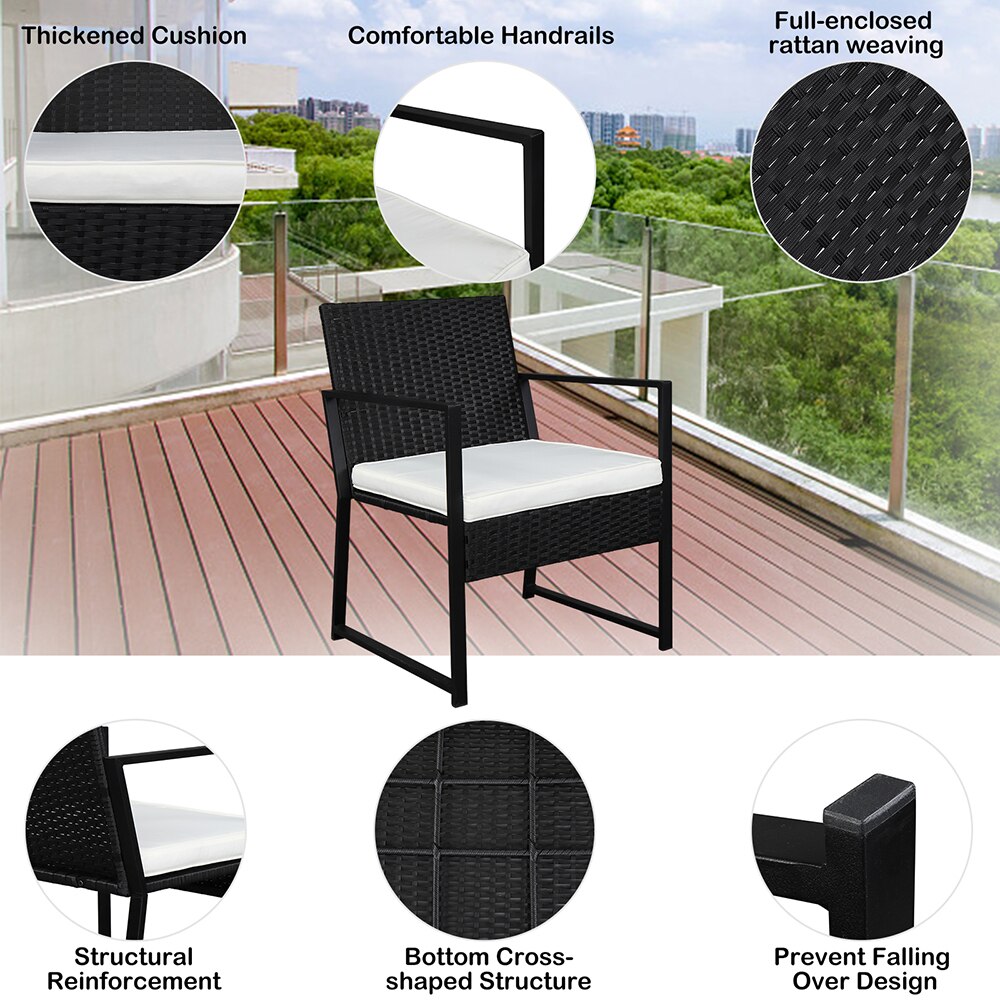 3 Piece Patio Furniture Set Wicker Rattan Outdoor Patio Conversation Set 2 Cushioned Chairs & End Table