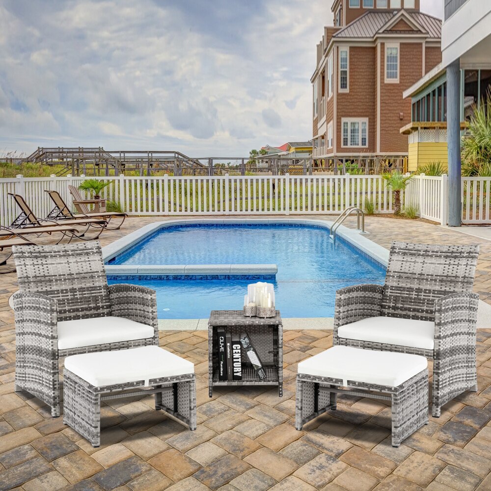 5Pcs Patio Furniture Set Include 2 Chairs 2 Footstools 1 Coffee Table High Quality PE Rattan&Iron Frame Gray Gradient[US-Stock]