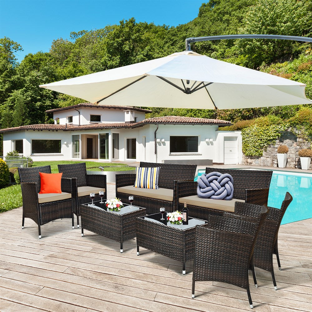 8PCS Rattan Patio Furniture Set Cushioned Sofa Chair Coffee Table Garden