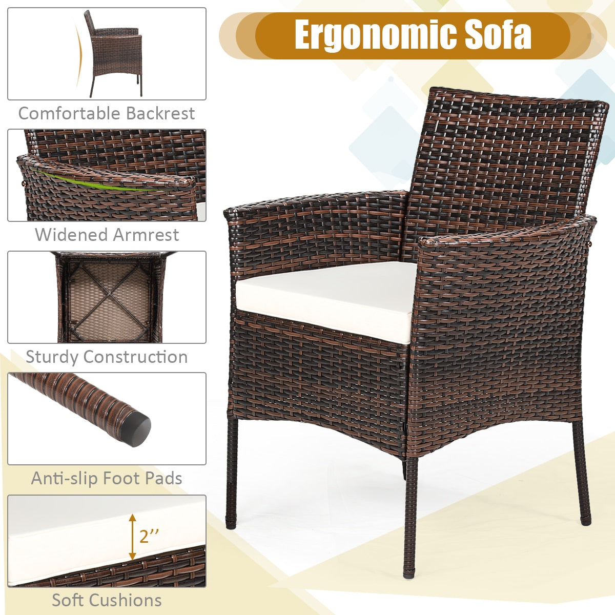 5PCS Patio Rattan Dining Furniture Set Armrest Sofa Chair Glass Table